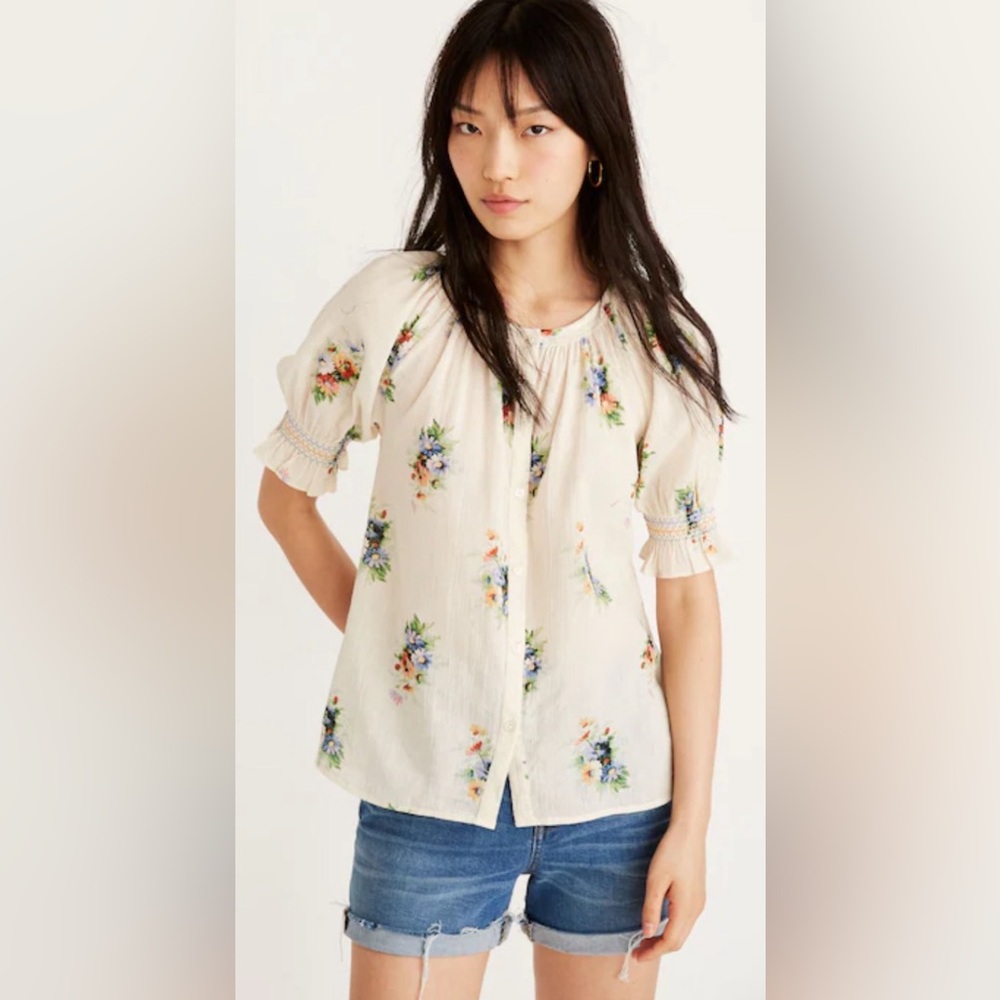MADEWELL Smocked Button Down Floral Boho Cottagecore Puff Sleeve Top Size S